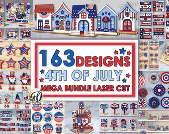 Pacote Mega de Decorações 3D Recortadas a Laser para o 4 de Julho, com 163 designs para o Dia da Independência, decoração de madeira para casa, presente patriótico, SVG dos EUA, suporte para fotos dos EUA