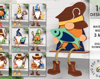 Puede incluir: Diez diseños digitales de gnomos pescando. Los gnomos llevan sombreros de diferentes colores y sostienen cañas de pescar y peces. Los diseños son para un ancho de material de 3 mm. El texto "10 DESIGNS", "MATERIAL WIDTH: 3 MM", "DIGITAL DOWNLOAD", "SVG", "PDF", "DXF", "EPS", "PNG", "JPG" está incluido en la imagen.