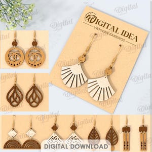May include: An image showcasing a selection of wooden earring designs, featuring geometric, leaf, and fan-shaped styles. The earrings are presented against a tan backdrop, with the text "DIGITAL IDEA WOODEN EARRINGS" and "DIGITAL DOWNLOAD". The image also includes "10 DESIGNS" and file format options.