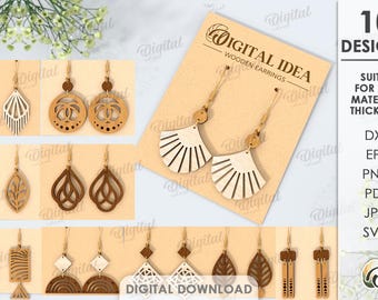 Drop earrings bundle, geometric jewelry laser cut files, minimalist dangle earrings, wooden earrings template, boho, modern svg