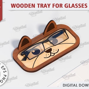 3D Wooden tray for glasses, cute dog glasses holder laser cut, eyeglass dish, eyeglasses display with face svg, kids eyewear holder