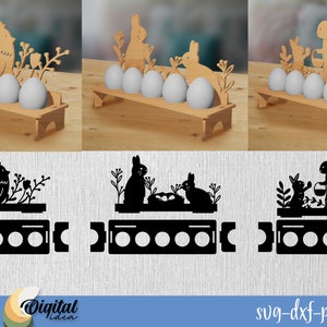 May include: Three black and white silhouette designs for an Easter egg holder. The designs feature a chicken, two bunnies, and a bunny with a basket. Each design has a base with six egg-shaped cutouts.