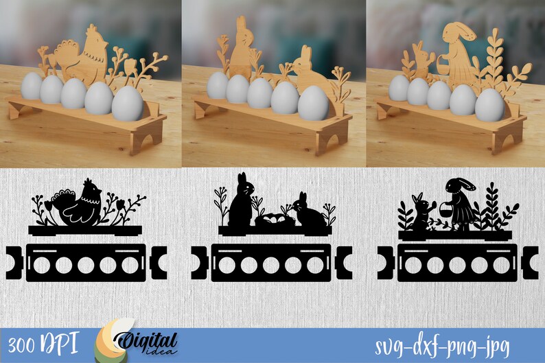 May include: Three black and white silhouette designs for an Easter egg holder. The designs feature a chicken, two bunnies, and a bunny with a basket. Each design has a base with six egg-shaped cutouts.