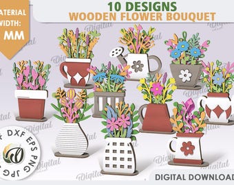 3D Wooden flower bouquets bundle, flowers stand laser cut, Mother's day gift, wooden home decor, floral decoration svg, flowers in a vase