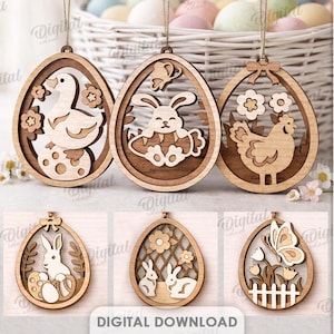 May include: Wooden Easter egg ornaments with various animal designs, including birds, a duck, a rabbit, and a hen. The ornaments are laser-cut with intricate details and are suitable for any material thickness. The image also includes the text "10 DESIGNS" and "DIGITAL DOWNLOAD".