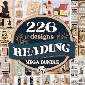 Pacchetto completo di 226 disegni per decorazioni da biblioteca tagliati al laser, file SVG per amanti dei libri, scatola regalo in legno, segnalibro, angolo lettura, decorazione da scaffale.
