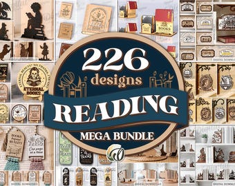 Pacote Mega de Decoração de Biblioteca 3D com Corte a Laser: 226 designs recortados a laser para amantes de livros, caixas de presente de madeira, marcadores de página, cantinhos de leitura e enfeites de estante.