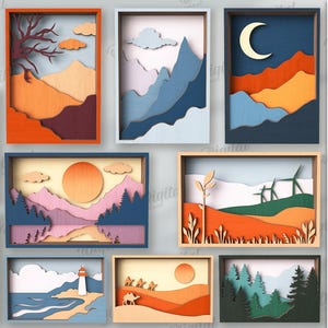 3D Nature wall art bundle, layered wall sign laser cut, nature scene svg, wooden wall decor,  boho landscape, forest, mountains, desert