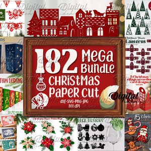 Mega Bundle SVG con taglio di carta natalizia, 182 disegni, taglio di carta 3D e a strati, lanterne di carta 3D di Natale, striscioni natalizi, lanterne, cartoline, decorazioni