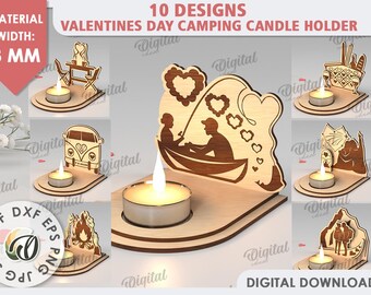 3D Valentine's Day camping candle holder bundle, date love scene laser cut, wooden tea light holder stand SVG, couple tealight candle holder
