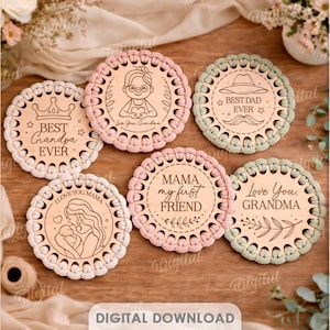 Paquete de posavasos familiares de macramé, archivos de corte láser para posavasos florales, frases para el Día de la Madre en formato SVG, Día del Padre, Abuela, Abuelo, cocina