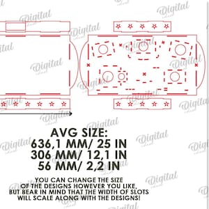 May include: Red line drawing of a box design with measurements: 25 inches long, 12.1 inches wide, and 2.2 inches high. The design includes stars and circular cutouts. Text indicates the material width is 3 mm.