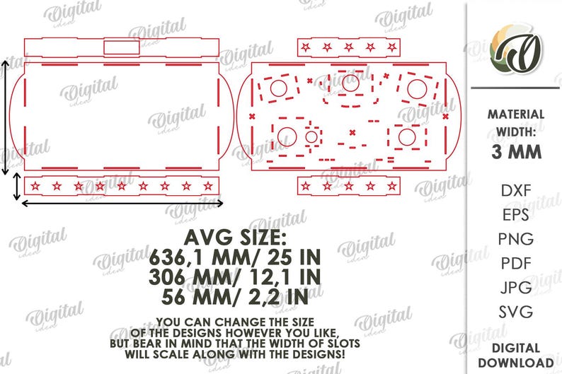 May include: Red line drawing of a box design with measurements: 25 inches long, 12.1 inches wide, and 2.2 inches high. The design includes stars and circular cutouts. Text indicates the material width is 3 mm.