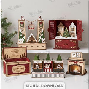 Puede incluir: Una colección de cinco artículos decorativos navideños de madera cortada con láser, que incluye una escena de teleférico, una casa con puertas abatibles, un buzón de Santa, un puesto de mercado y un calendario de cuenta regresiva de 3 mm.