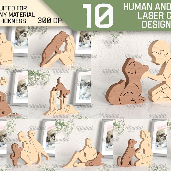 Wooden human and pet puzzles bundle, 3D human and dog puzzle, custom figurines svg, personalized human and cat figure, family pet ornament