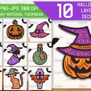 Puede incluir: Diez diseños de decoración de Halloween en capas en formatos SVG, DXF, PNG y JPG. Los diseños incluyen un fantasma, una calabaza, un sombrero de bruja, un caldero, una bruja, una botella de poción, una telaraña, un gato, un ataúd y una calabaza con un sombrero de bruja. Los diseños son adecuados para cualquier grosor de material.