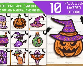3D Halloween layered decor bundle, wooden Halloween wall art laser cut, Halloween sign svg, spooky home decor glowforge, wall hanger