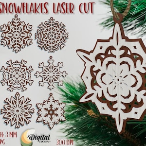 Kerst sneeuwvlok lasercut bundel, kerst ornament SVG, 3D kerst laser gesneden bestanden, kerstboom decoratie, gelaagde sneeuwvlok SVG