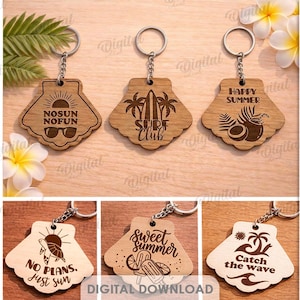 Summer keychains bundle, key ring laser cut files, engraved wooden keychain, summer quotes svg, sea life, tropical, vacation, seashell