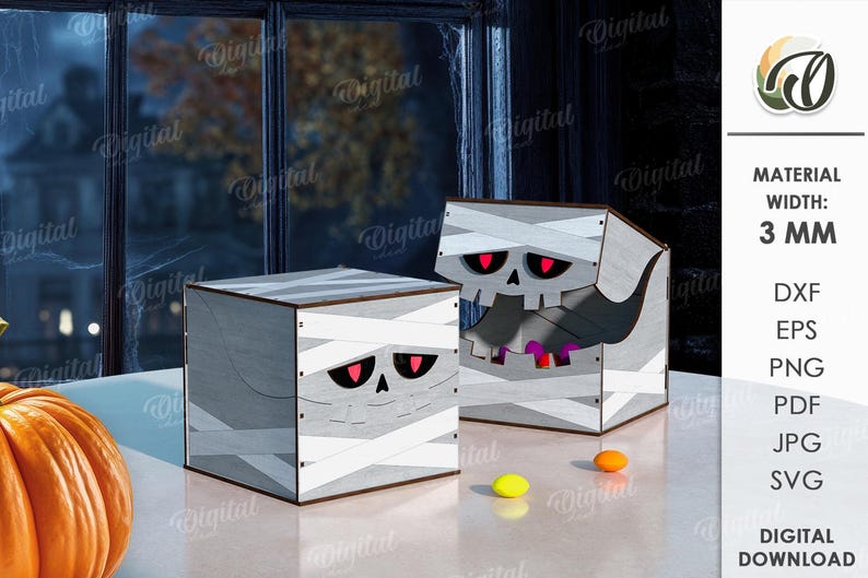 K&ouml;nnte beinhalten: Zwei h&ouml;lzerne Halloween-Boxen, jede mit einem Mumien-Design. Die Boxen sind grau mit wei&szlig;en Bandagedetails und roten Augen. Die Boxen stehen auf einer wei&szlig;en Oberfl&auml;che mit einem K&uuml;rbis und S&uuml;&szlig;igkeiten im Hintergrund.