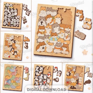 Puede incluir: Rompecabezas de madera con ilustraciones de animales, como pandas, hámsters, perros, dinosaurios y pingüinos. La imagen muestra seis diseños de rompecabezas diferentes. El texto incluye "6 DESIGNS" y "DIGITAL DOWNLOAD".