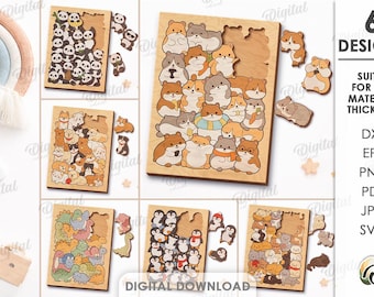 May include: A collection of six wooden puzzle designs featuring various animal illustrations including hamsters, pandas, dogs, cats, dinosaurs, and penguins. The set includes digital file formats DXF, EPS, PNG, PDF, JPG, and SVG for laser cutting.