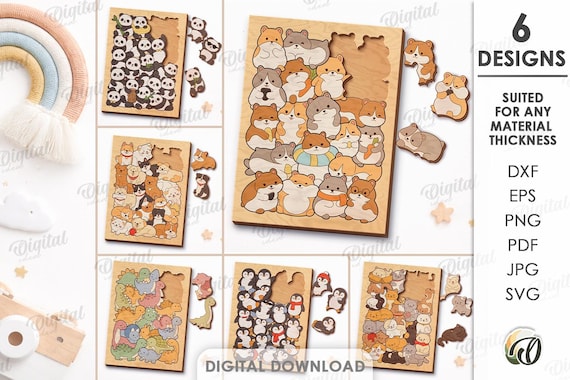 3D Animal puzzles bundle, kids puzzle game laser cut files, montessori game svg,  educational, cute animals, panda, dinosaur, cat, dog