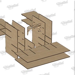 May include: A wooden, laser-cut model kit with a bridge-like structure. The kit is made of light brown wood and includes multiple pieces. The material width is 3 mm. The image also includes file type options: DXF, EPS, PNG, PDF, JPG, and SVG.