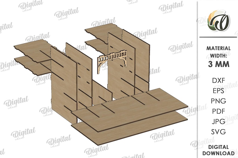 May include: A wooden, laser-cut model kit with a bridge-like structure. The kit is made of light brown wood and includes multiple pieces. The material width is 3 mm. The image also includes file type options: DXF, EPS, PNG, PDF, JPG, and SVG.