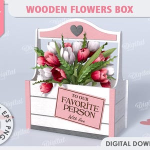 Caja de regalo de flores 3D, regalo del día de la madre cortado con láser, soporte de ramo rústico con asa, canasta de almacenamiento de flores de madera SVG, caja de flores