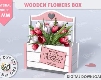 3D Flower gift box, mothers day gift laser cut, rustic bouquet holder with handle, wooden flower storage basket svg, flower crate