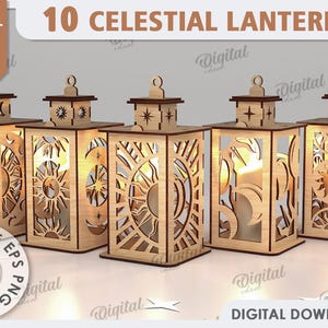 3D-himmelska lyktor laserskurna bunt, sol- och måneljushållare laserskuren, värmeljuslykta laser, trälampa, boho ljushållare svg