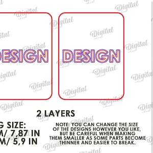 May include: Two rectangular designs with the word "DESIGN" in a red and blue outlined font. The average size is 7.87 inches by 5.9 inches. The image also includes file format options: DXF, EPS, PNG, PDF, JPG, and SVG.