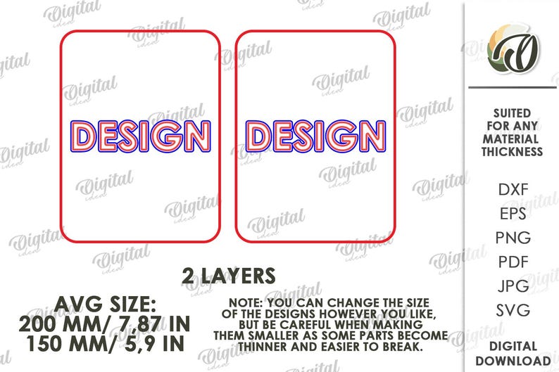 May include: Two rectangular designs with the word "DESIGN" in a red and blue outlined font. The average size is 7.87 inches by 5.9 inches. The image also includes file format options: DXF, EPS, PNG, PDF, JPG, and SVG.