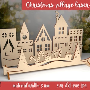 3D Xmas town scene, Christmas village scene svg, 3D stand laser cut, Xmas lasercut, Wooden Christmas light decor, Reindeer svg