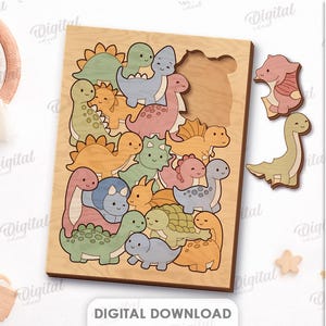 Puede incluir: Un conjunto de archivos digitales que muestra un tablero de rompecabezas de madera con varias formas de dinosaurios en colores pastel. El texto dice SUITED FOR ANY MATERIAL THICKNESS, DXF, EPS, PNG, PDF, JPG, SVG y DIGITAL DOWNLOAD.
