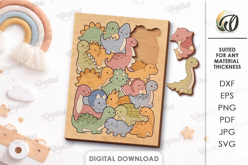 Puede incluir: Un conjunto de archivos digitales que muestra un tablero de rompecabezas de madera con varias formas de dinosaurios en colores pastel. El texto dice SUITED FOR ANY MATERIAL THICKNESS, DXF, EPS, PNG, PDF, JPG, SVG y DIGITAL DOWNLOAD.