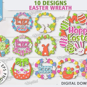 May include: Ten digital designs for Easter wreaths. The designs feature a variety of Easter themes, including bunnies, eggs, and flowers. The text "Happy Easter" is featured in several of the designs.
