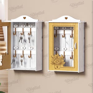 Może przedstawiać: Biały i drewniany wieszak na klucze z kwiatowym wzorem i siedmioma haczykami. Grubość wieszaka na klucze wynosi 3 mm.