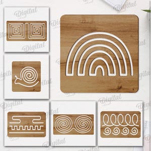 Puede incluir: Veinte diseños digitales para corte por láser, que incluyen formas geométricas, espirales y un arcoíris. Los diseños son adecuados para cualquier grosor de material. Los diseños se muestran sobre un fondo de madera.