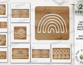 May include: Twenty digital designs for laser cutting, featuring geometric shapes, swirls, and a rainbow. The designs are suitable for any material thickness.  The designs are shown on a wood background.