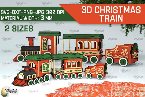 3D Christmas train bundle, 2 sizes, wooden Christmas train toy laser cut, Xmas shelf sitter svg, xmas train with working wheels glowforge