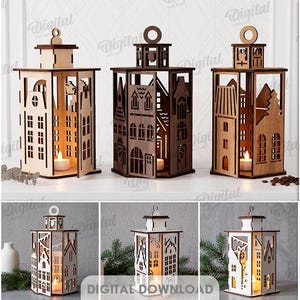 May include: A collection of ten laser-cut wooden lantern designs featuring intricate house silhouettes and architectural cutouts. Each lantern is constructed from 3 mm thick material and includes a circular top handle. The set is available in DXF, EPS, PNG, PDF, JPG, and SVG file formats for digital download.