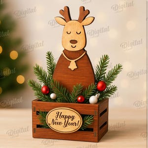 May include: Wooden Christmas decoration featuring a reindeer figure with antlers, a bell necklace, and the text "Happy New Year!" in a wooden crate. The crate is filled with greenery and red and white ornaments. The material width is 3 mm.