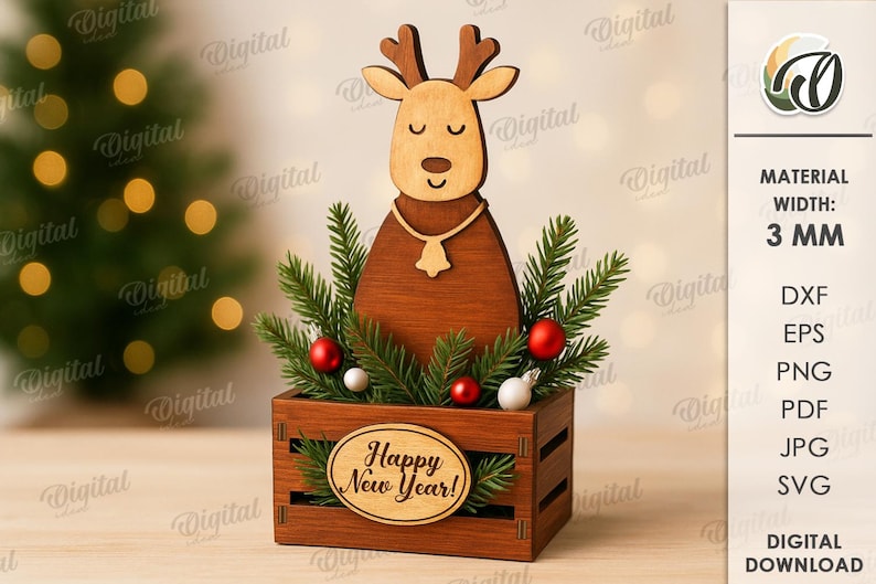 May include: Wooden Christmas decoration featuring a reindeer figure with antlers, a bell necklace, and the text "Happy New Year!" in a wooden crate. The crate is filled with greenery and red and white ornaments. The material width is 3 mm.