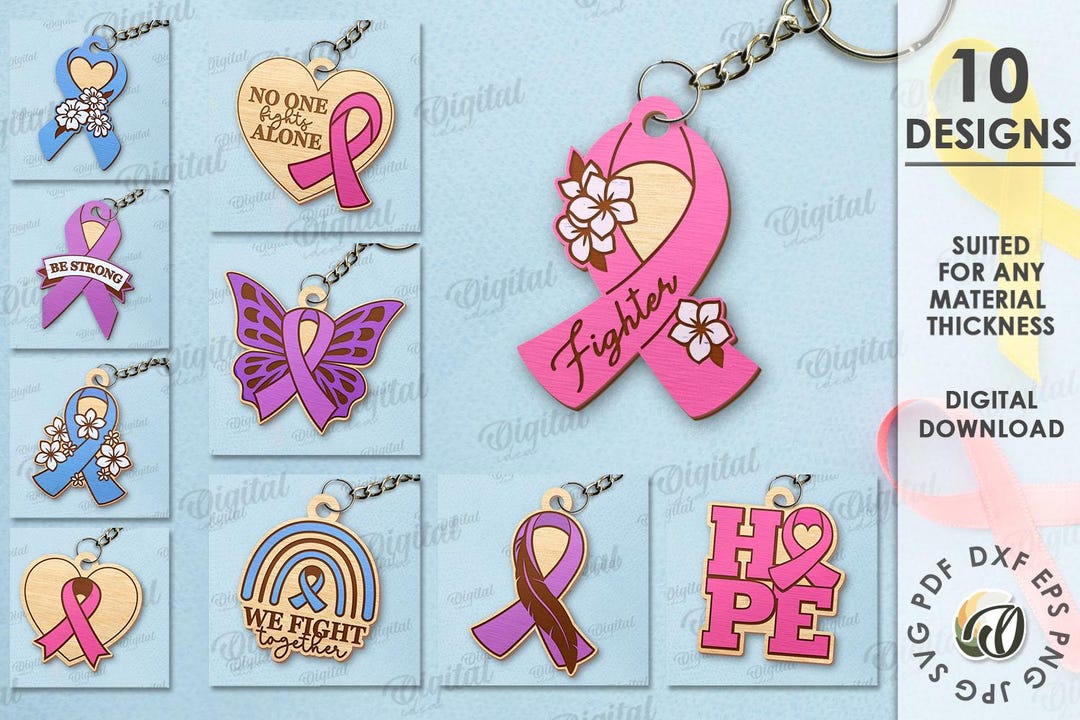 Awareness Ribbon Keychains Bundle, Medical Alert Tag Laser Cut, Breast ...