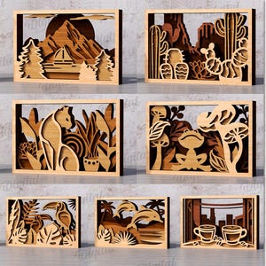 May include: Ten digital designs for laser cutting, featuring various nature scenes, including a mountain landscape, a desert scene with cacti, a jungle scene with a frog, a tropical scene with a toucan, and a beach scene with dolphins. The designs are suitable for any material thickness.