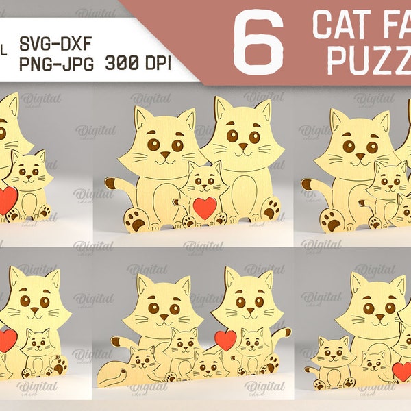 Wooden cat family puzzle, up to 5 children, 3D laser cut family love puzzle, custom cats figurines svg, personalized kitten family keepsake
