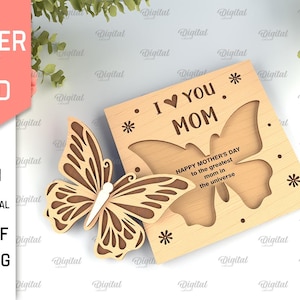 3D Moederdagkaart, ik hou van je moeder svg, vlinder wenskaart lasergesneden, Happy Mother's Day, moeder cadeau, bloemen houten kaart lasergesneden