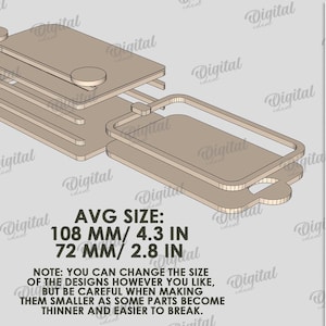 May include: A layered, tan-coloured design with an average size of 108 mm by 72 mm. The design includes rectangular and circular shapes, with a handle-like cutout. Text on the image states "SUITED FOR ANY MATERIAL THICKNESS" and "DIGITAL DOWNLOAD".